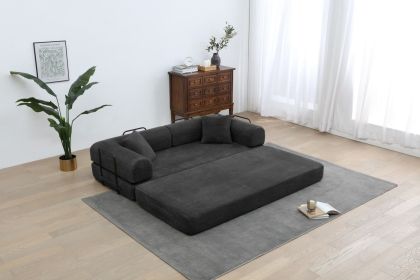 Convertible Sleeper Sofa Bed, Corduroy Folding Sofa Bed with Fixed-Shape Frame, Fold Out Floor Mattress Couch, Lazy Compression Sofa for Living R (Color: Black)